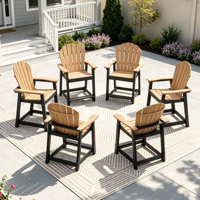 Outdoor HDPE Adirondack Chairs Set of 6, Patio Bar Stools, Black/Brown