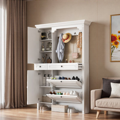 4-in-1 Hall Tree With Integrated Shoe Cabinet And Mirrored Cabinet Door, Coat Hanger, Entryway Bench, 2 Flip Drawers, 4 Hooks And 2 Cabinets