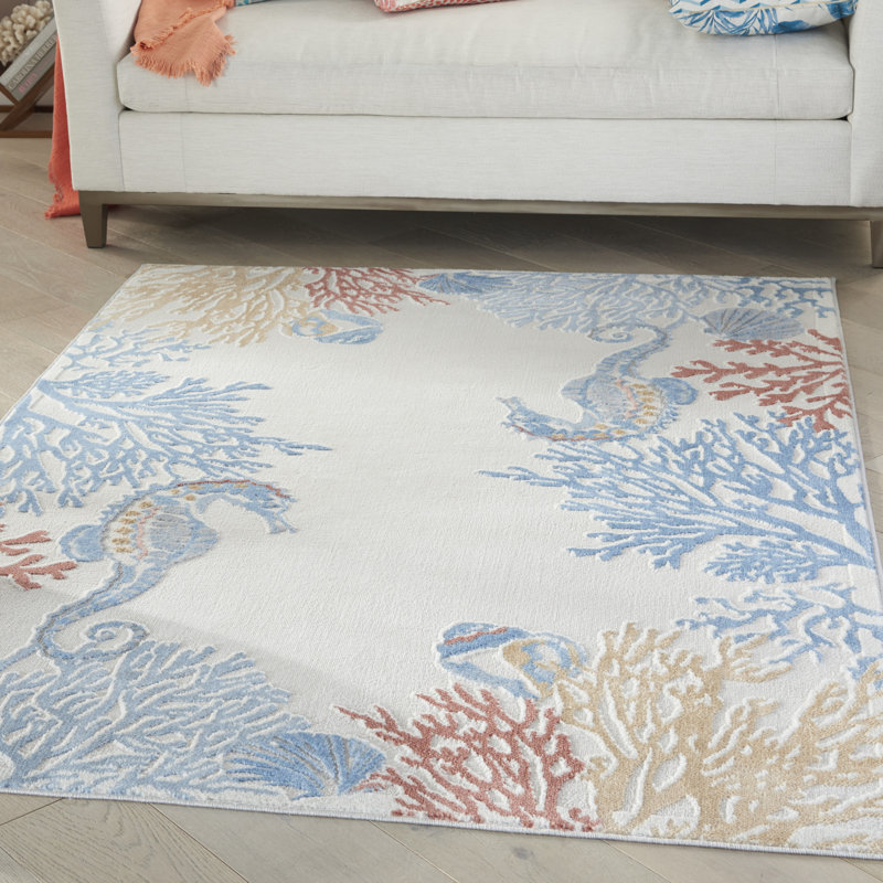 Baeza Animal Print Ivory/Blue/Red Area Rug, Rectangle 4' x 6'