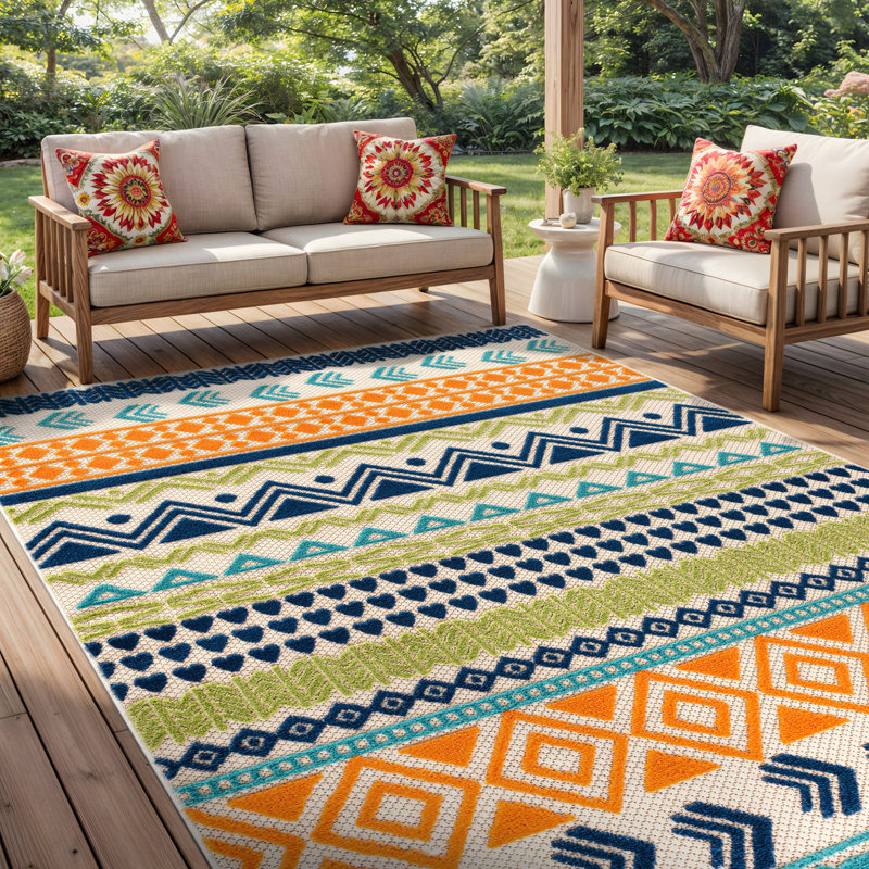 Tapis d'intérieur / extérieur géométrique Duxbury - orange / bleu marine / vert, Rectangle 12 pi x 15 pi
