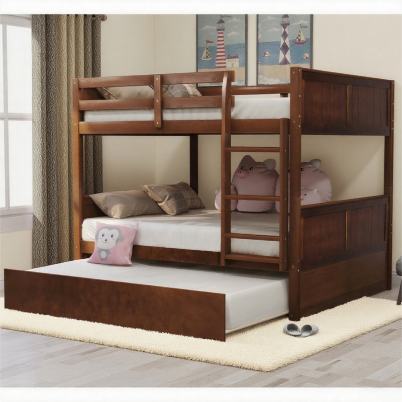 Full Over Full Bunk Bed With Twin Size Trundle, Walnut Wood