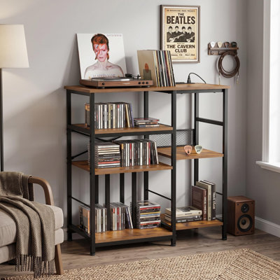 Grand support de tourne-disque avec station de charge et ports USB, armoire de rangement pour disques, support de table tournante moderne Mid-Century pour le salon de la chambre à coucher