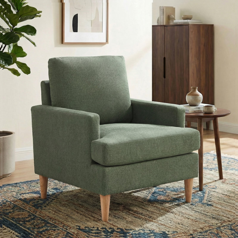 Accent Chair With Solid Wood Legs, Green Fabric