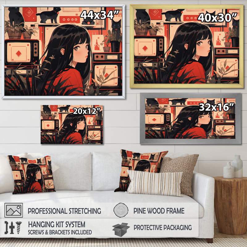Personnage féminin d'anime III sur toile, H 16 po x l 32 po x P 1 po, Cadre flottant noir