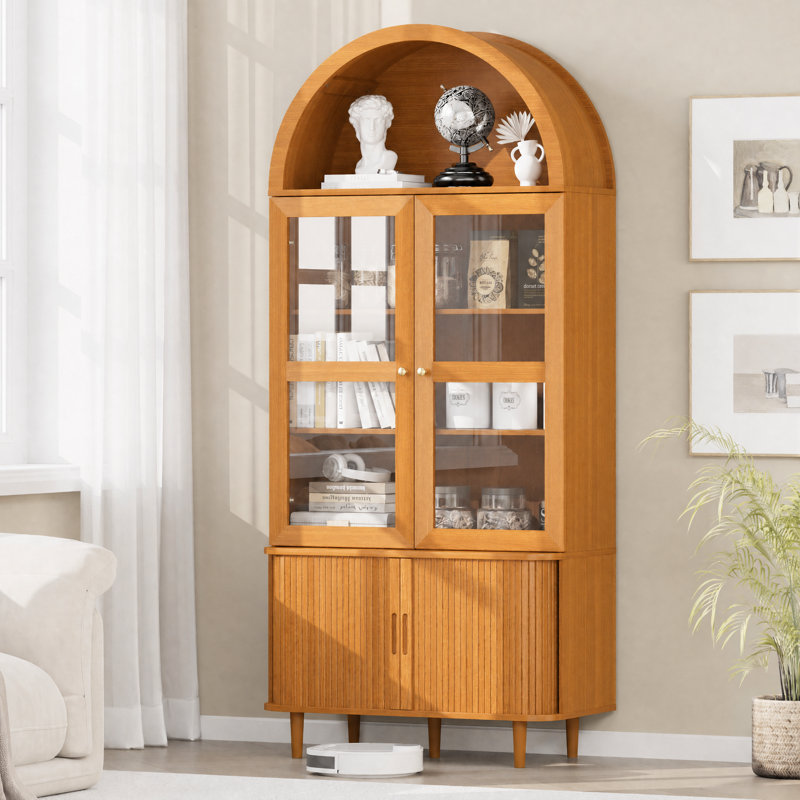 Bibliothèque 71 po, armoire de rangement cannelée haute avec portes en verre et portes à tambour coulissantes et tablettes réglables pour le salon, la cuisine et la salle à manger