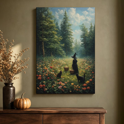Sorcière avec chats et panier de fleurs, tableau numérique fantastique d'Halloween sur toile tendue, 61 cm (H) x 91 cm (L), prêt à accrocher