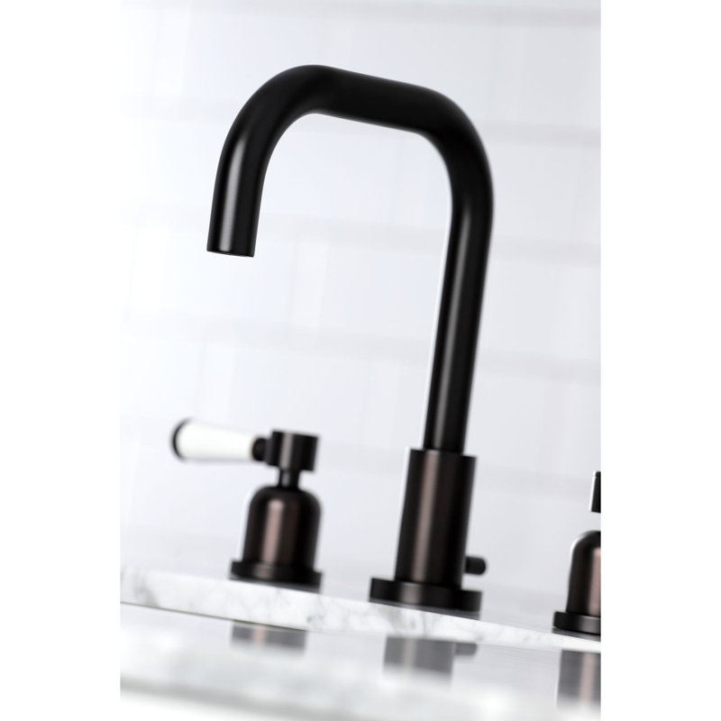 Kingston Brass Two-Handle 3-Hole Deck Mount Widespread Bathroom Faucet with Brass Pop-Up Drain, Round Lever Handle