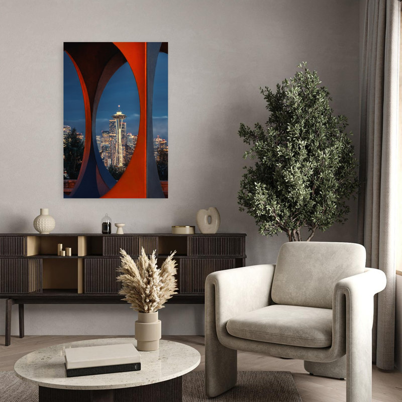 Seattle Space Needle Night Dramatic Modern Abstract Architecture City Wall Art Print 1 Piece Wrapped Canvas Wall Art
