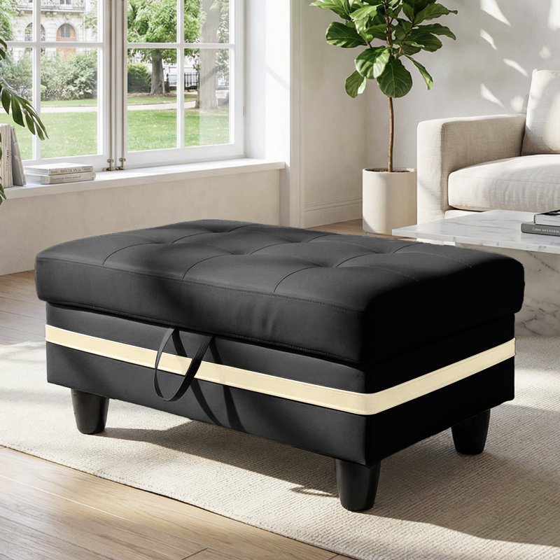 Rectangular Storage Ottoman Bench With Hinged Lid, Faux Leather Footrest For Living Room, Bedroom, Entryway, Black With White Strip, 35"X23.5"X17.5"