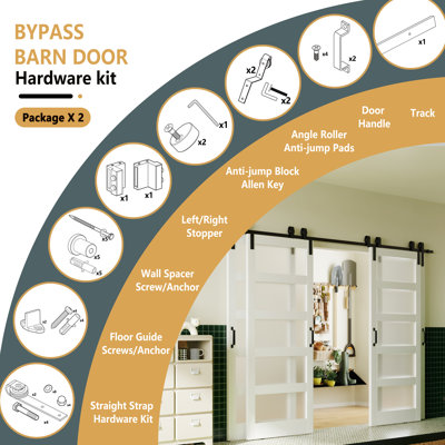 Double Door, 5 Lite Frosted Glass Design Bypass Barn Door Sliding Interior Door With Hardware Kit,4 panels