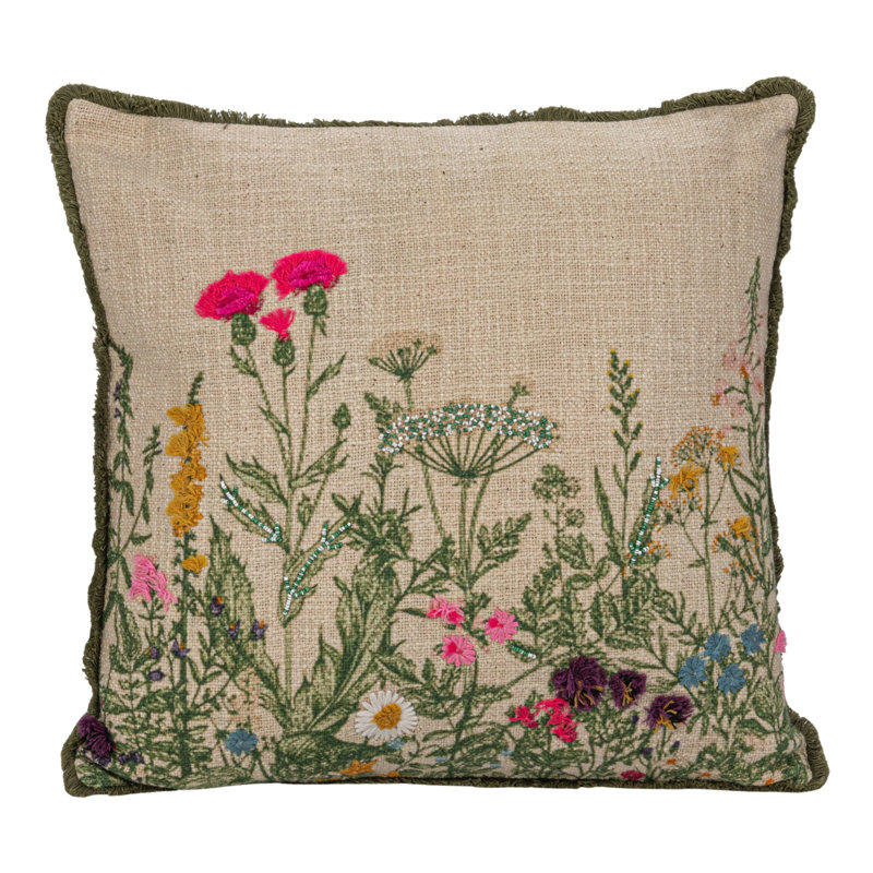 Multicolor Cotton Slub Embroidered Square Pillow