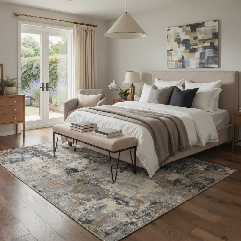 Mignone Aura Abstract Machine Washable Grey / Black / Grey Indoor Area Rug with Non-Slip Backing, Rectangle 5' x 7'