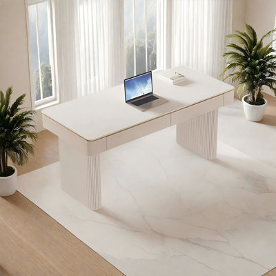 Bureau blanc rectangulaire en pierre frittée, 2 tiroirs