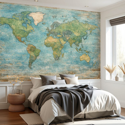 Peel and Stick Wallpaper Vintage World Map Distressed Earth Tones Antique Wall Murals 100"H x 144"W Removable PVC Wall Paper Self-Adhesive Wall Decor for Bedroom Living Room Home Office