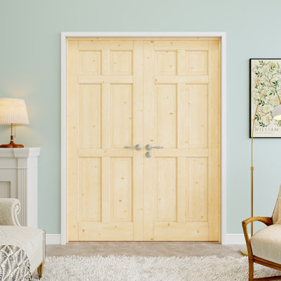48" x 80" 6-Panel Pine Wood Double Doors, French Doors Slab Replacement, Natural Pine Wood, Paintable & Waterproof, Suit for Pantry Door, Laundry Door, Closet Door, Room Door, Home Office Door
