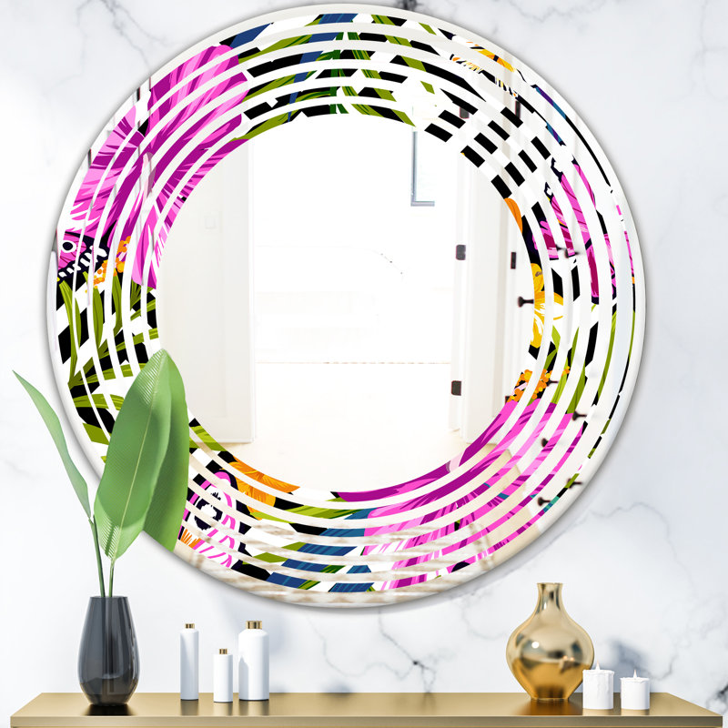 Miroir mural Wave, H 23,6 po x l 23,6 po, Vague, feuillage tropical et géométrie