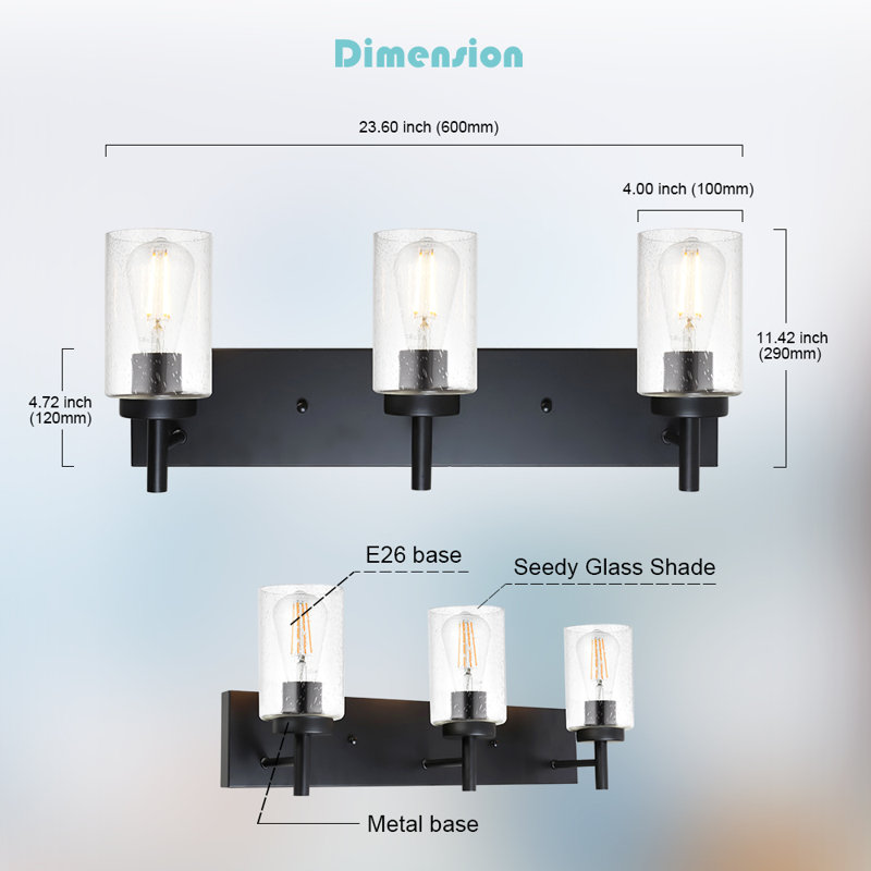 Luminaire de salle de bain 3 lumières noir, lumière de meuble-lavabo noir avec abat-jour en verre bullé, luminaire de meuble-lavabo moderne pour miroir de salle de bain, chambre à coucher, salon, couloir, coiffeuse, base E26