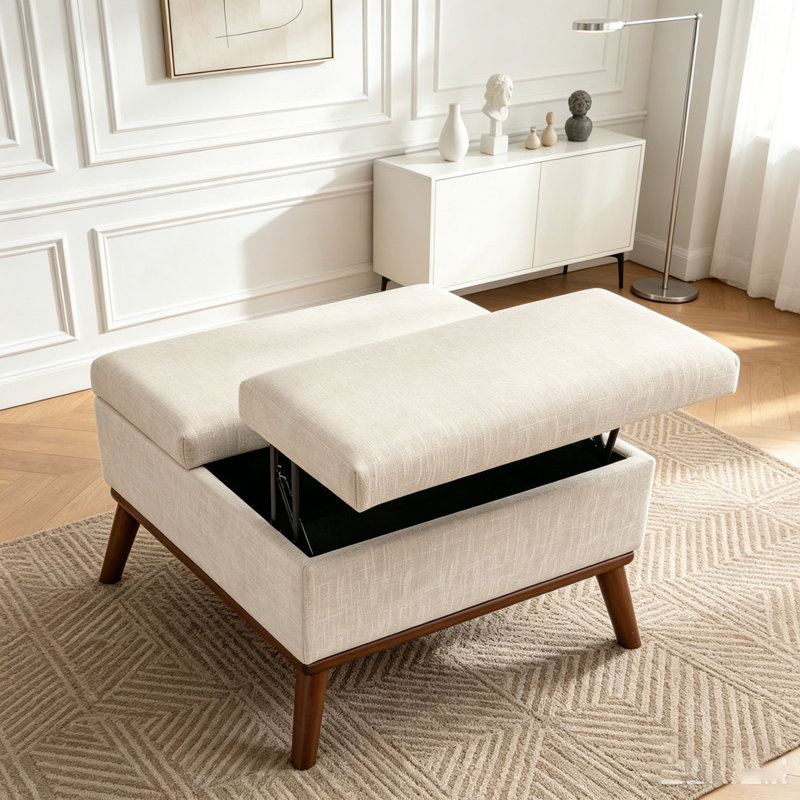 Large Ottoman with Storage, 31" Mid Century Modern Rectangle Coffee Table with Lid Lifting Function, High Wooden Legs, Oversized Storage Ottomans