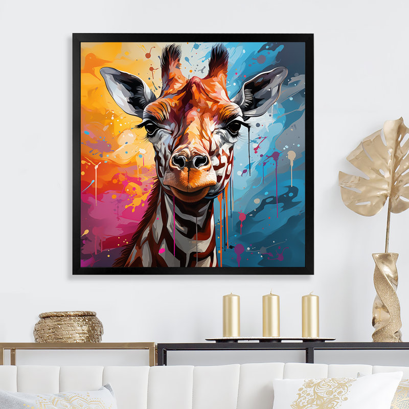 Pop art, portrait de girafe II sur toile, Cadre simple noir, H 30 po x l 30 po x P 1 po