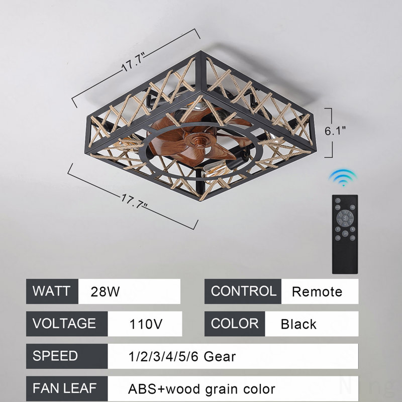 Farmhouse Rustic Ceiling Fan And Remote Control,Square Caged Industrial Ceiling Fixture With 6 Speeds & Noiseless Dc Motor For Kitchen Dining Room Living Room Bedroom