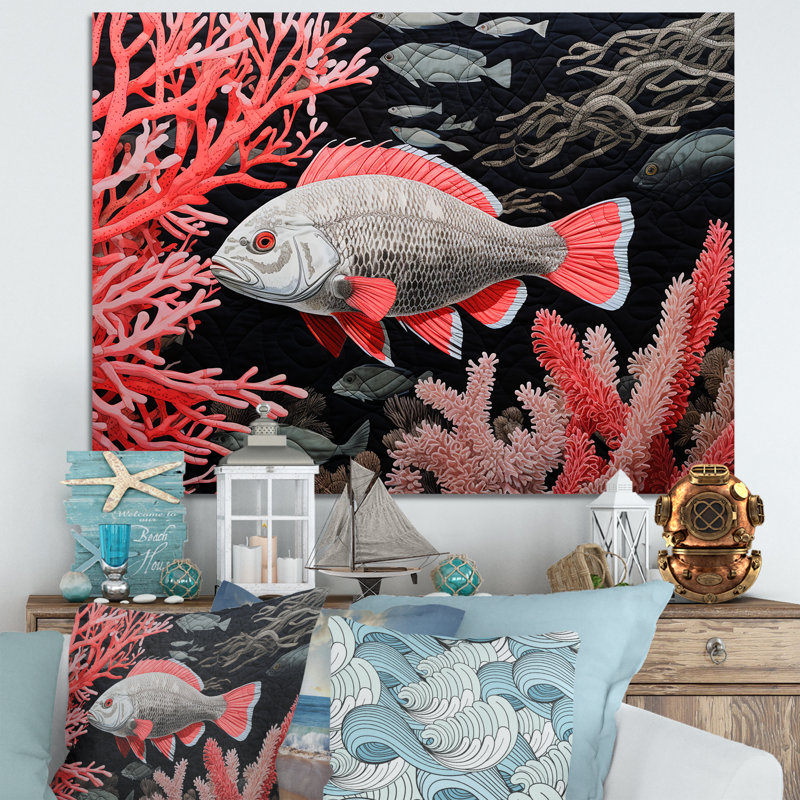 Impression sur toile monochrome de poissons roses et noirs sur toile, H 16 po x l 32 po x P 1 po, Toile tendue