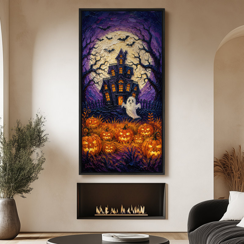 Haunted Castle Pumpkin Halloween Artwork, Living Room Pictures, Framed Canvas Giclee Print Wall Art, 60" H x 30" W x 1.5" D