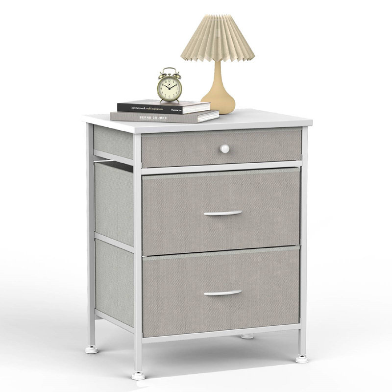 Leonell Nightstand, Small Dresser, Bedside Furniture, White Night Stand End Table with 3 Fabric Drawers for Bedroom, Leather Finish & Wood Top, White