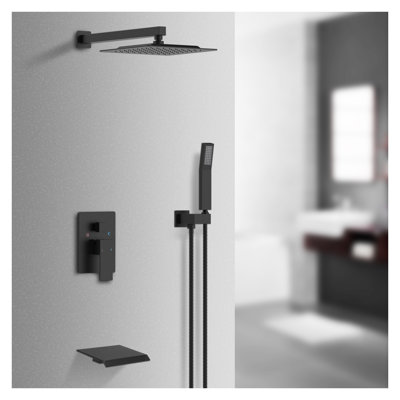 Matte Black Rain Shower System with 10 Inch Square Rainfall Shower Head, Handheld Sprayer and Waterfall Tub Spout - Pressure Balance Valve Included Modern Bathroom Shower Faucet Set
