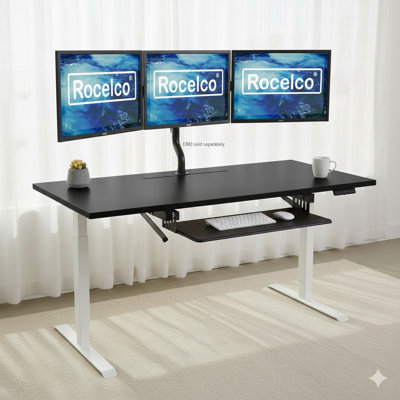 Rocelco 46 in. Black Height Adjustable Standing Desk Converter with Desktop AC USB Charger and Triple Monitor Riser Platform