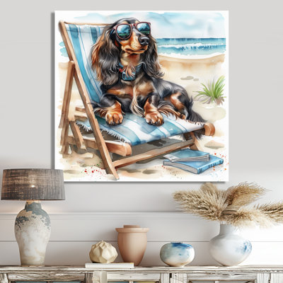 «Daschund Dog Tanning On A Beach Chair III» - art mural animaux côtiers
