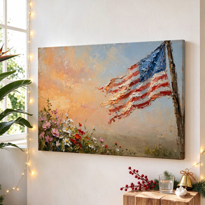Flag at Sunset with Flowers, Wrapped Canvas Wall Art, 24" x 36", Modern Wall Decor for Living Room and Bedroom