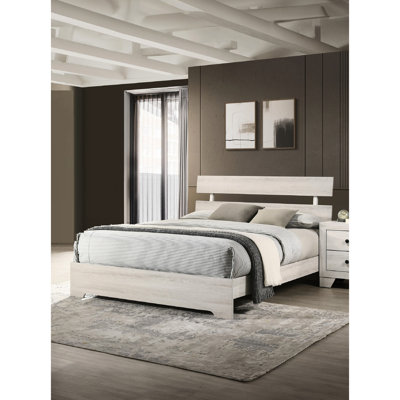Grand lit plateforme rustique à profil bas, style contemporain, finition blanche délavée pour chambre à coucher avec cadre à une boîte, meubles