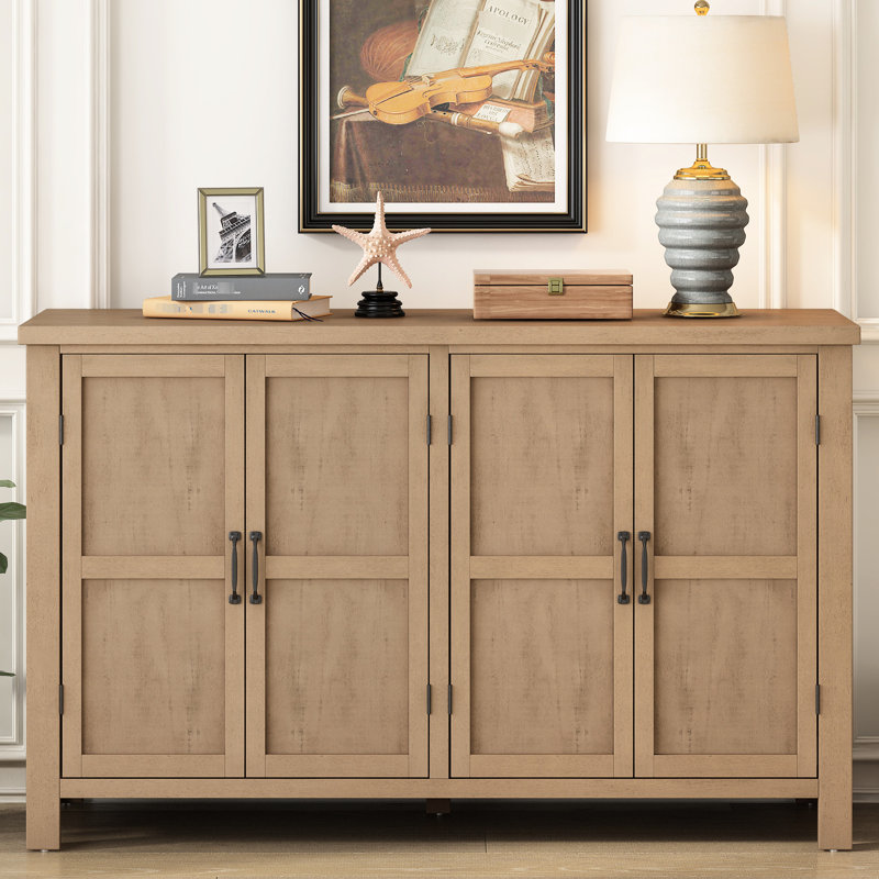 Unité de rangement à 4 portes avec tablettes réglables, poignées rétro, pieds en pin, amplement d'espace pour les essentiels de la maison, buffet de table, espace de salle à manger au design charmant en métal, construction
