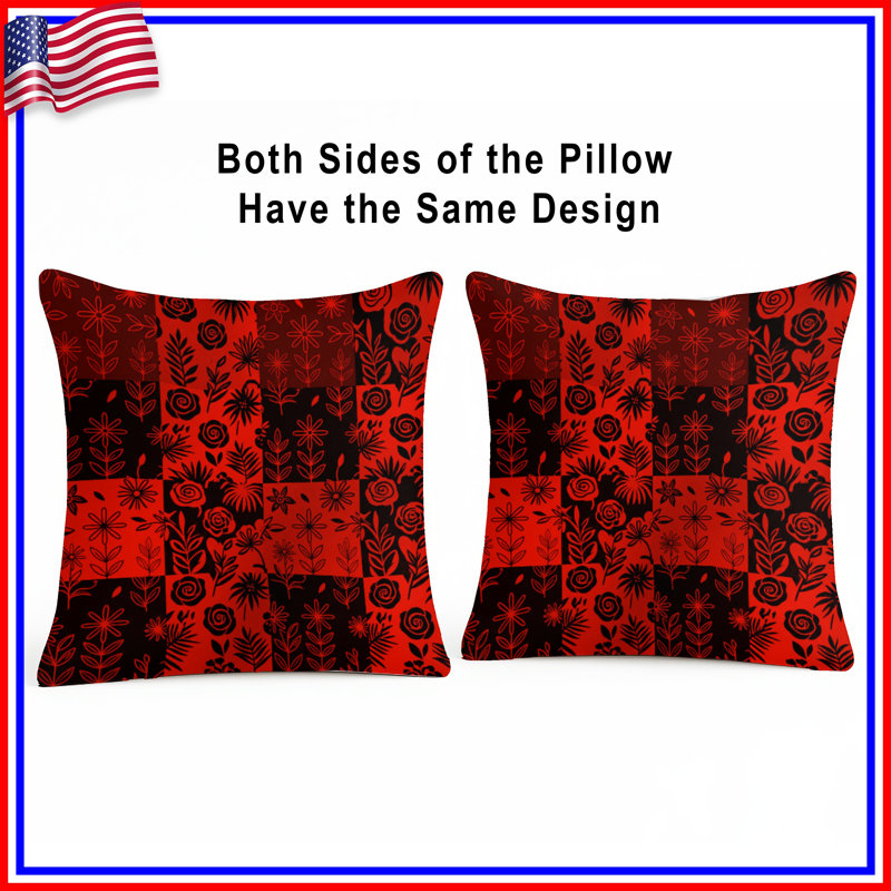 Coussins décoratifs rouges et noirs à motif floral, 16 x 16 pouces