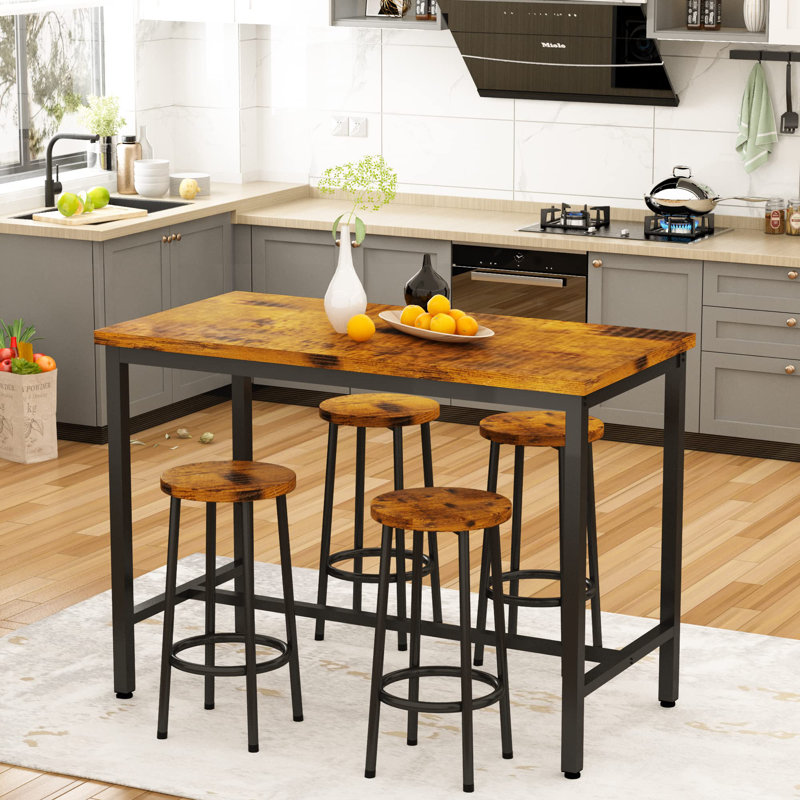 5-Piece Rustic Bar Table Set With 4 Stools - Space-Saving Kitchen Pub Table For Breakfast Nook, Apartment, Bar