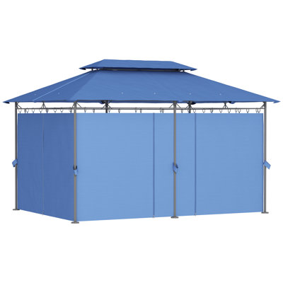 Double Roof Outdoor Patio Gazebo with Curtains & Metal Frame, Weather Resistant Canopy Shelter for Garden Lawn Backyard Deck, Dark Blue