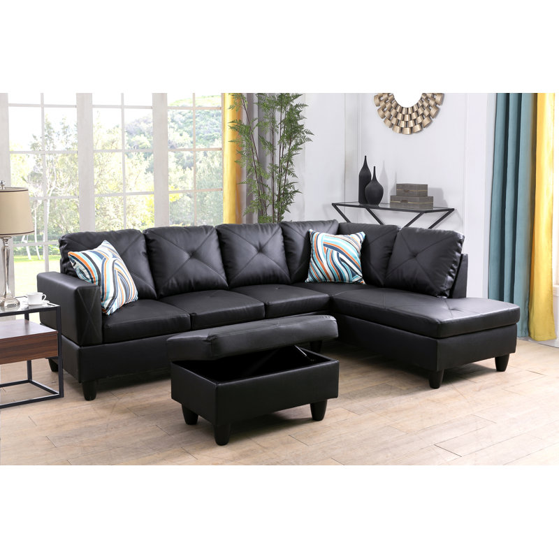 Black Faux Leather 3-Piece Sectional Sofa Set with Storage Ottoman, Right Hand Facing, Ultimate Black Faux Leather