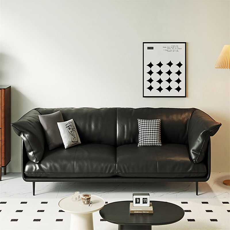 Causeuse-coussin standard en cuir véritable noir, H 34,65 po x l 70,87 po x P 37,4 po, Noir