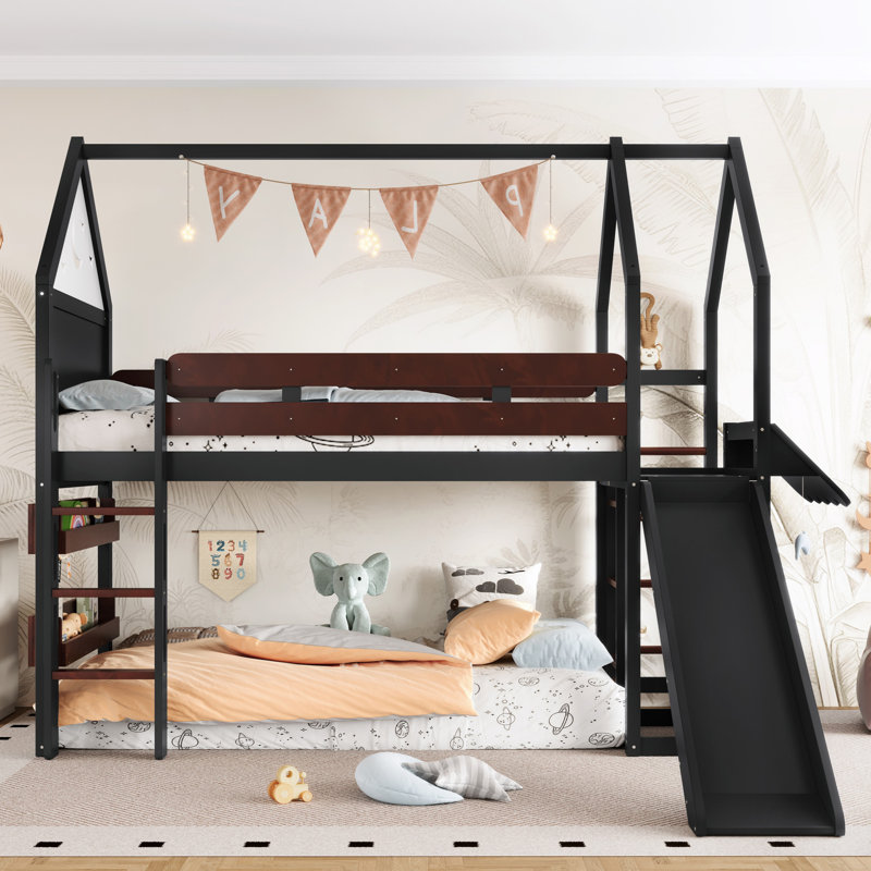 Lit mezzanine simple en bois massif avec bibliothèque pour enfants, Simple, Noir