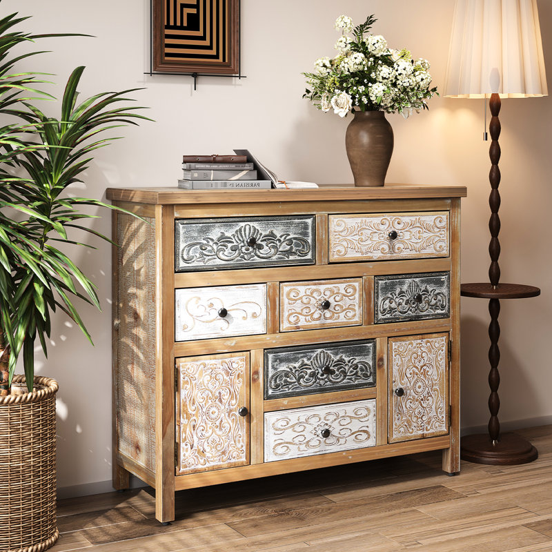 Commode en bois multicolore avec 7 tiroirs et 2 armoires, rangement rétro pour chambre à coucher, salon, vestibule, L 40,33 po x l 13,78 po H 36,22 po