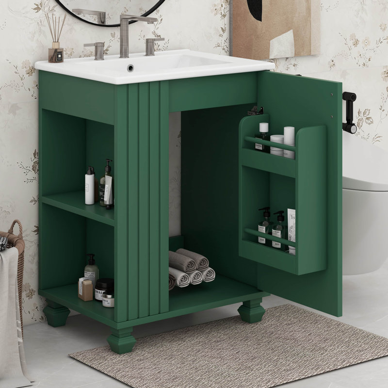 Meuble-lavabo 24 po avec lavabo, armoire de salle de bain avec tablette de porte, rangement latéral ouvert, Vert