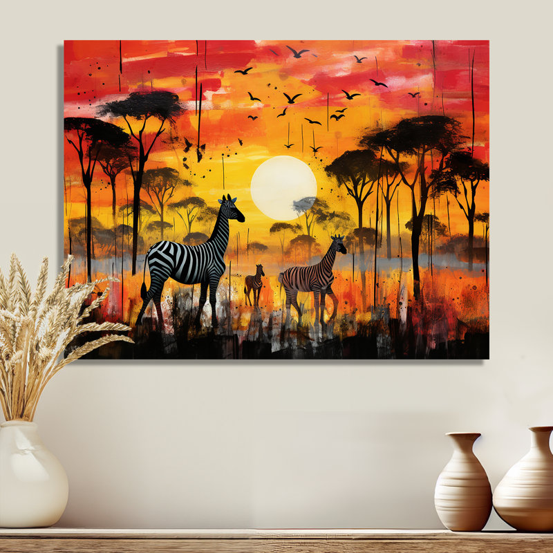 Zèbre itinérant dans la savane sous le soleil couchant - décoration murale animal zèbre, Pas de métal encadré