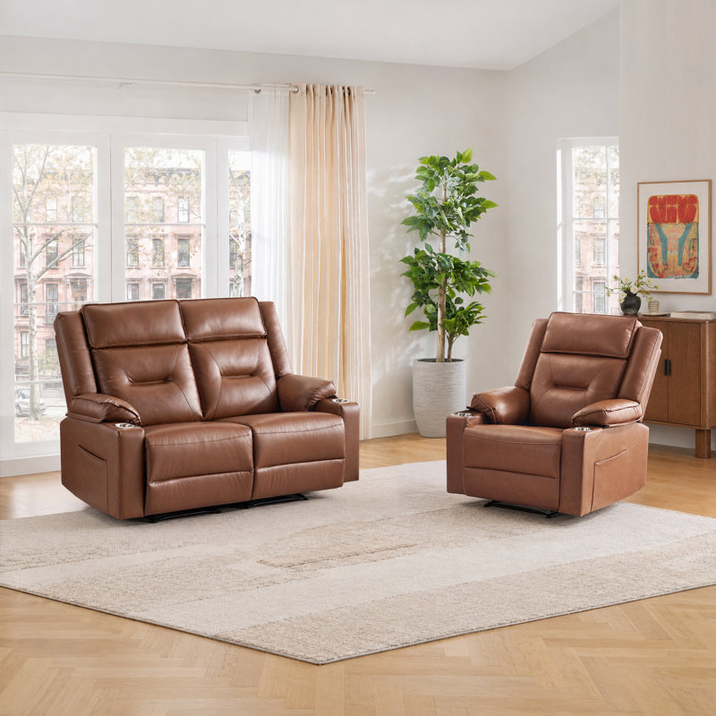 Ensemble de fauteuils inclinables manuels 2 pièces modernes avec porte-gobelets en acier inoxydable, fauteuil coulissant en cuir végétalien Gravity, brun