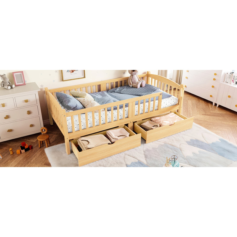 Lit plateforme simple TG avec garde-corps et tiroir spacieux sous le lit, tête de lit adorable dans des tons naturels, pas besoin de sommier tapissier, tiroirs de rangement simples à mettre en place, doux