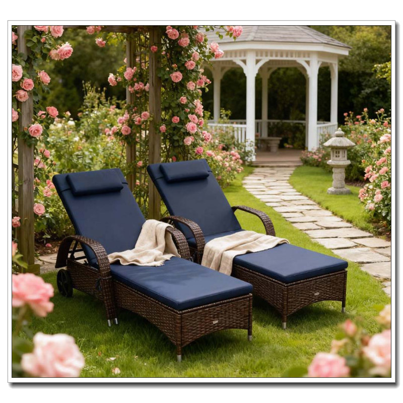 Ensemble de 2 chaises longues en rotin avec coussins, coussin et inclinaison à 5 positions, Bleu très foncé