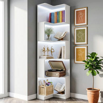 69" H L-Shaped White Corner Bookcase with 5 Tiers and Remote-Controlled LED Lights