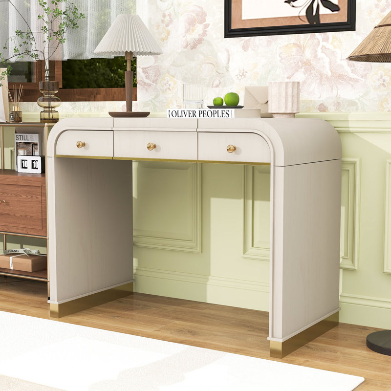 Table de coiffeuse en bois avec miroir rabattable et deux tiroirs, Champagne