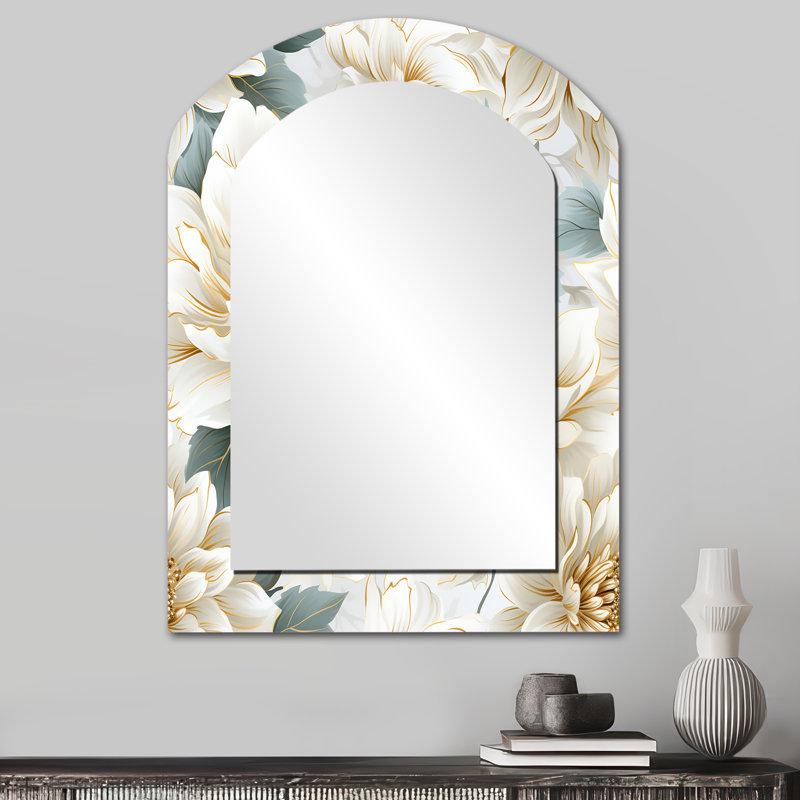 Motif de mandalas blanc, motif de bohémanthe - miroir à grande arche florale, décor de miroir mural asymétrique unique Cottage, impression d'art en métal