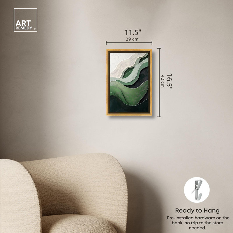 «Green Echoes I», art abstrait vert, Cadre doré, H 16 po x l 11 po