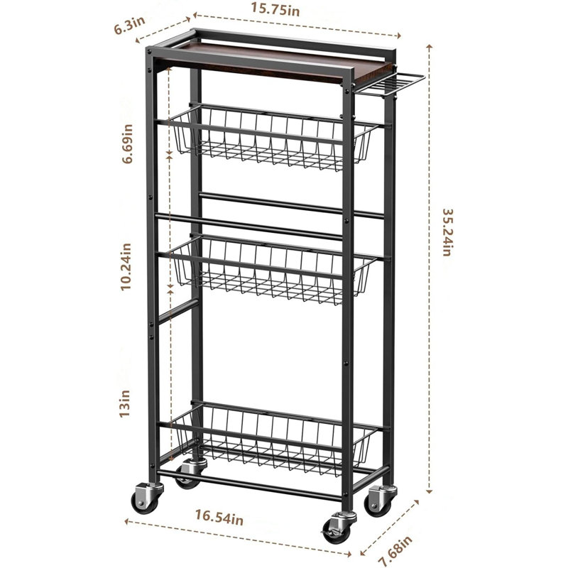 4 Tier Slim Rolling Storage Cart with Pull-Out Baskets